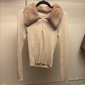 Zara Cream Sweater with Tan Faux Fur Collar